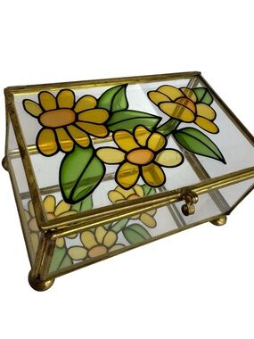 Vintage Brass Glass Floral Jewelry Trinket Box Stained Glass Style 60s Inspired